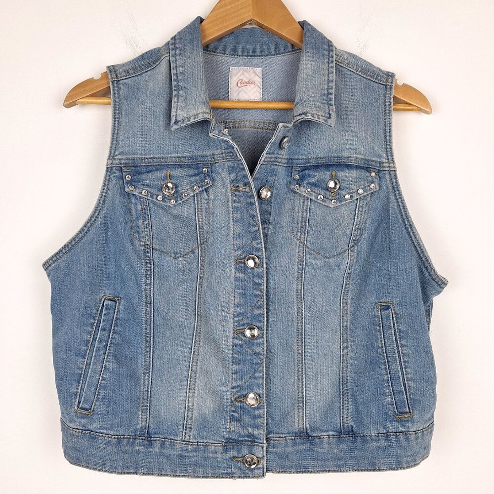 Rhinestone Bedazzled Denim Jean Jacket Vest Size M/L. Blue Sleeveless Candies